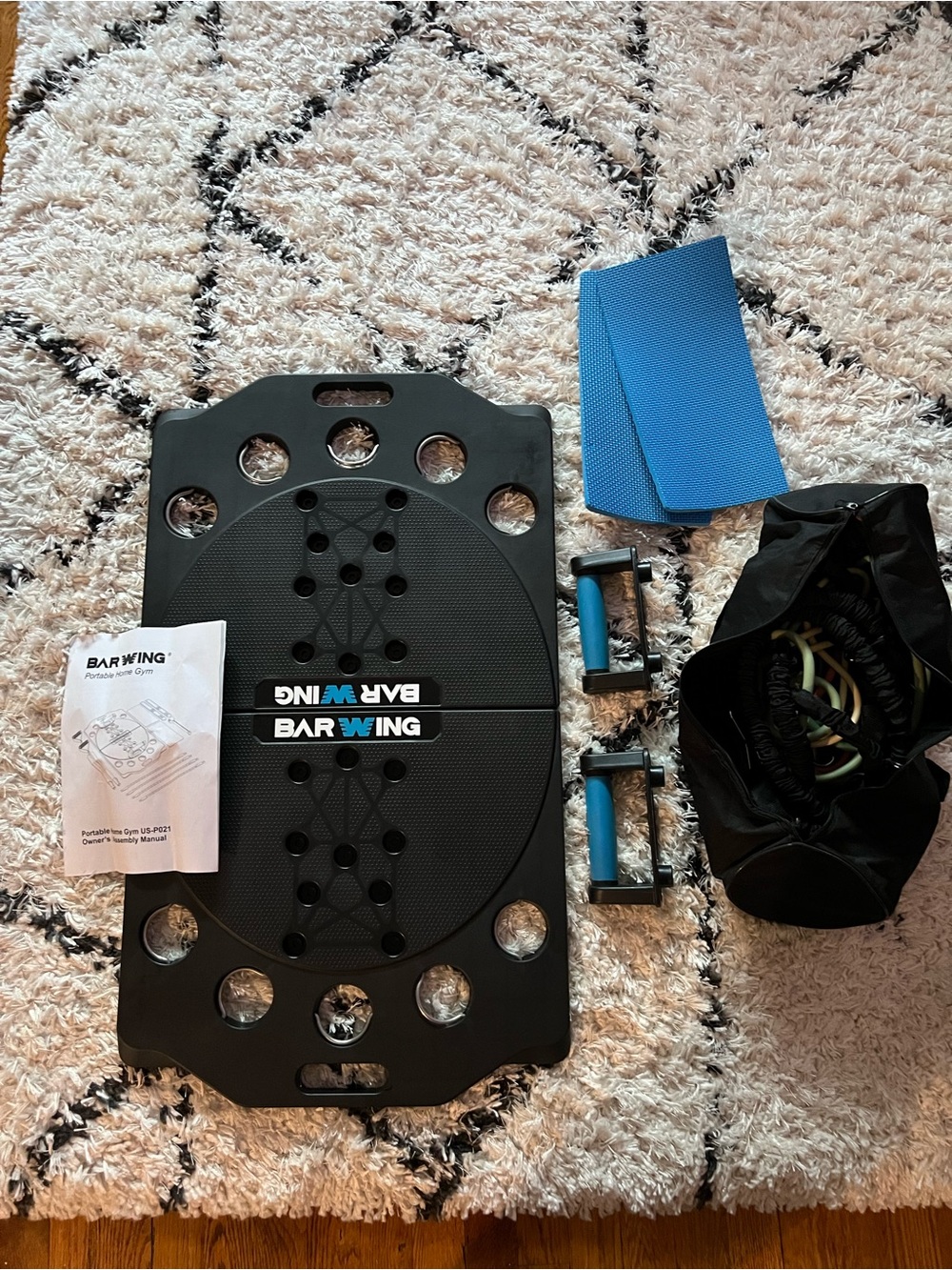 Bar Wing Portable Home Gym-Black Core Trainer Board with Blue Handles and Mat